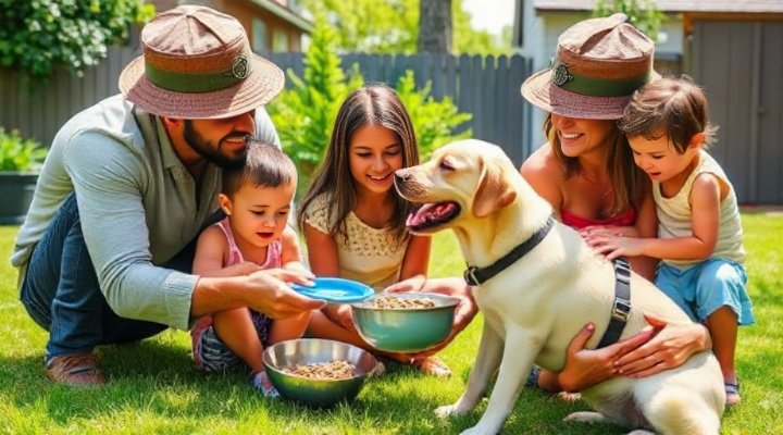 A happy family including children feeding freeze dried raw dog food to their cheerful dog
