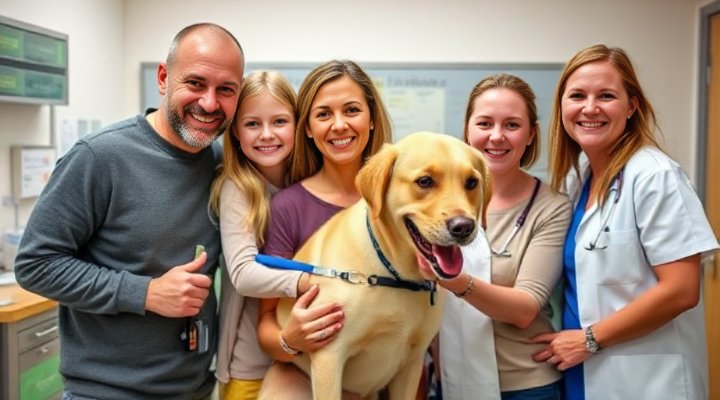 Happy family and veterinarian celebrating successful pet weight management achievement together