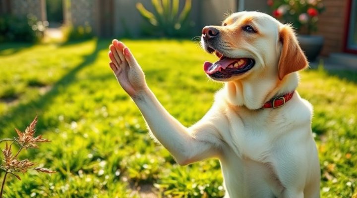 A senior dog successfully doing a paw shake trick with a happy expression