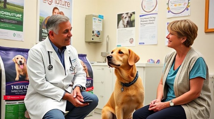 A friendly veterinarian and owner talking about Zignature dog food for skill building in pet nutrition