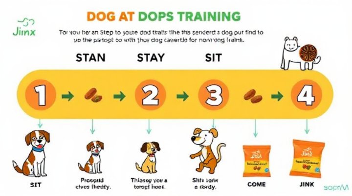 Step-by-step diagram showing dog training with Jinx food rewards for learning new commands