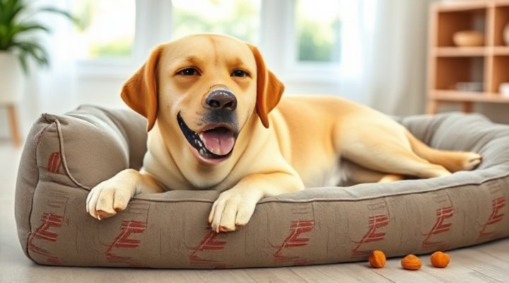 A relaxed Labrador retriever lying down peacefully after training with calming treats