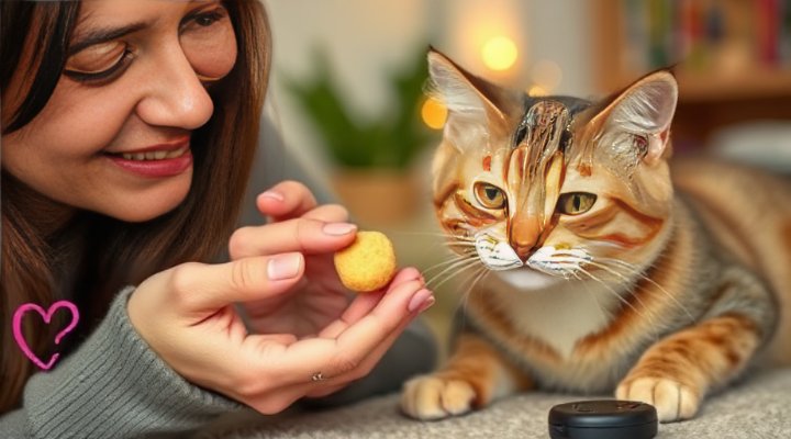 A caring person offering a healthy cat treat to a happy, smiling cat during an obedience training session