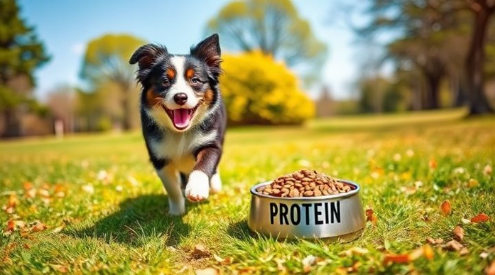 An energetic dog enjoying high protein dog food in an outdoor setting
