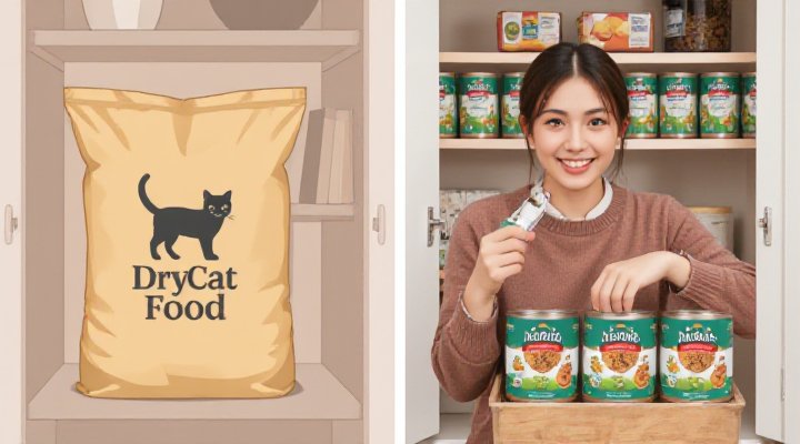 Side-by-side display of dry and wet cat food highlighting storage differences