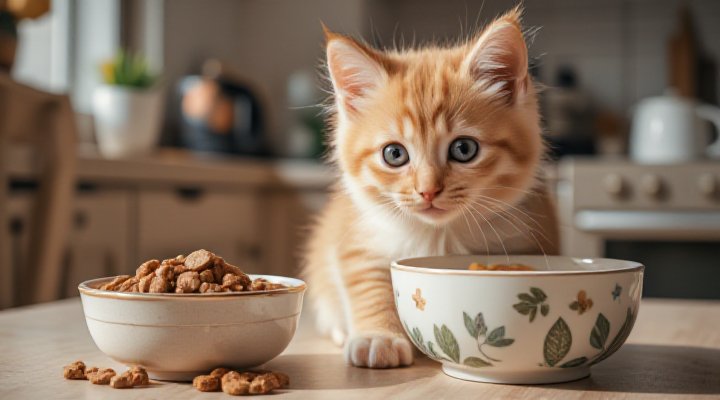 Cute kitten enjoying high-quality growth food in a bowl
