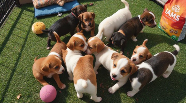 A group of happy puppies interacting after eating Iams Puppy Food, showing improved energy and social skills