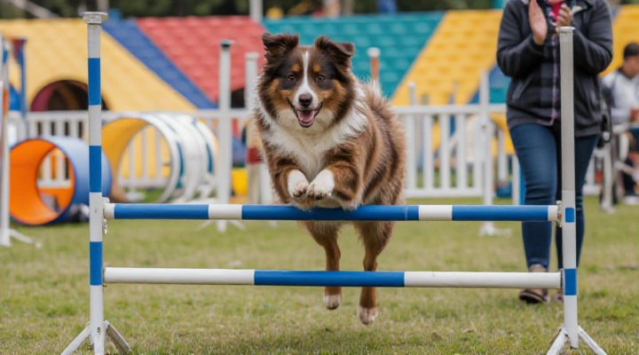 An enthusiastic Australian Shepherd navigating an agility course with jumps and tunnels