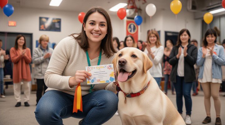 A happy dog and owner receiving a certificate after completing a training program, celebrating success in dog training classes near me