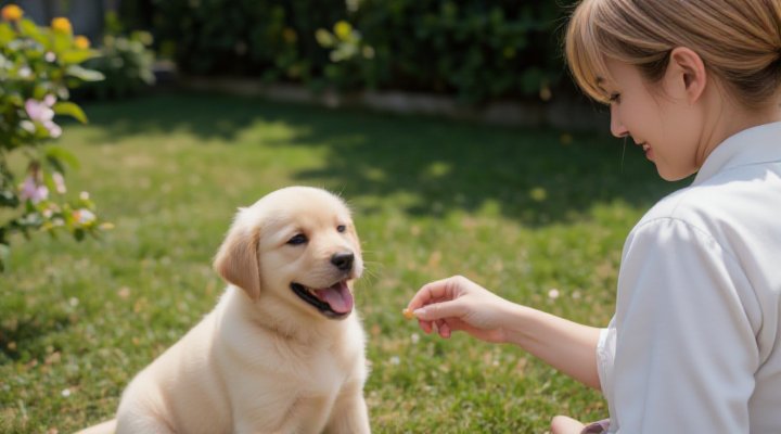 Positive reinforcement training session with a dog and owner