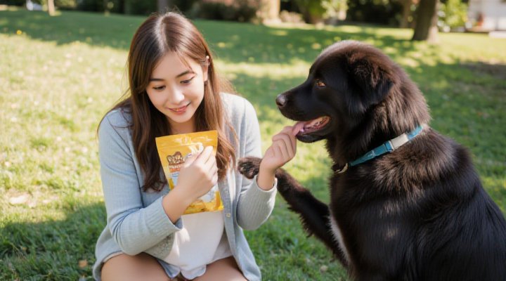 Smiling pet owner using Solid Gold Dog Food as training treats during obedience session with attentive mixed breed dog