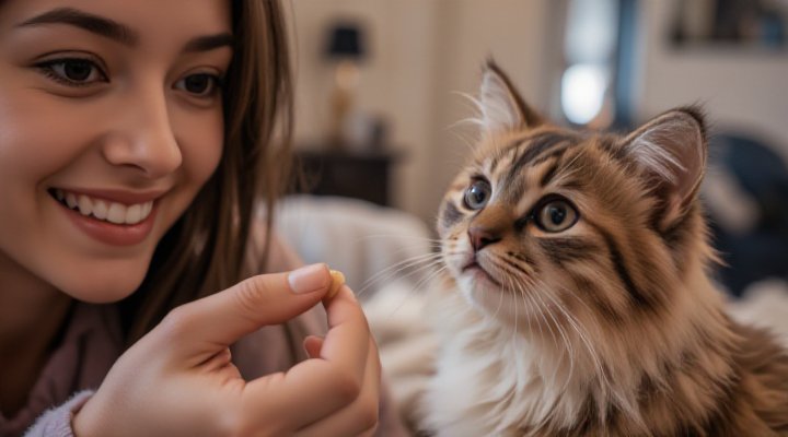 A person using treats to train a cat in a positive reinforcement session